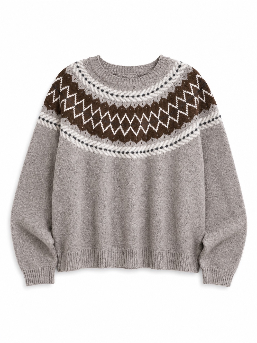 Weatherproof Gray and Brown Fair Isle Crewneck Sweater Size L